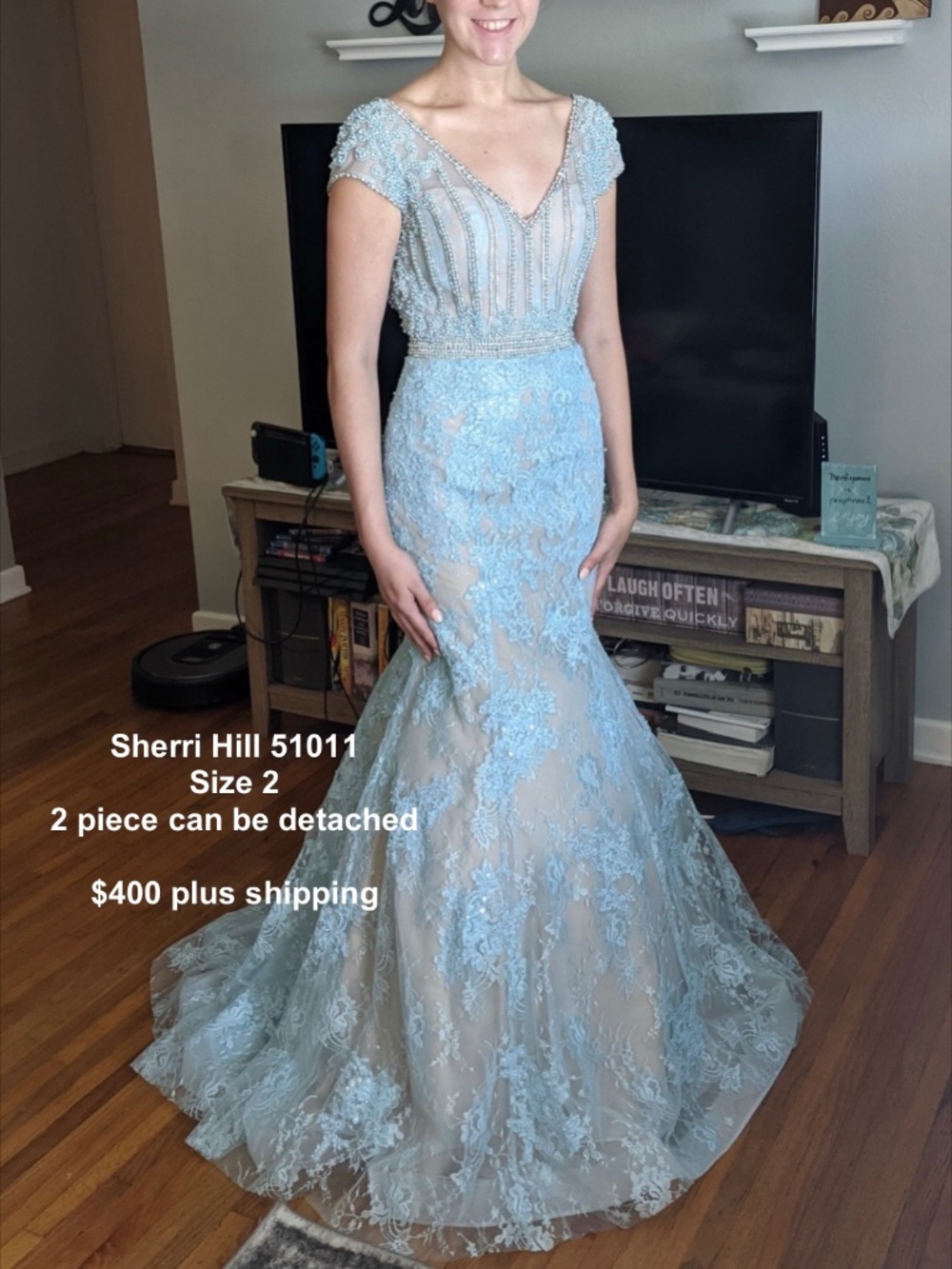 Sherri Hill light blue beaded two piece gown style number 51011